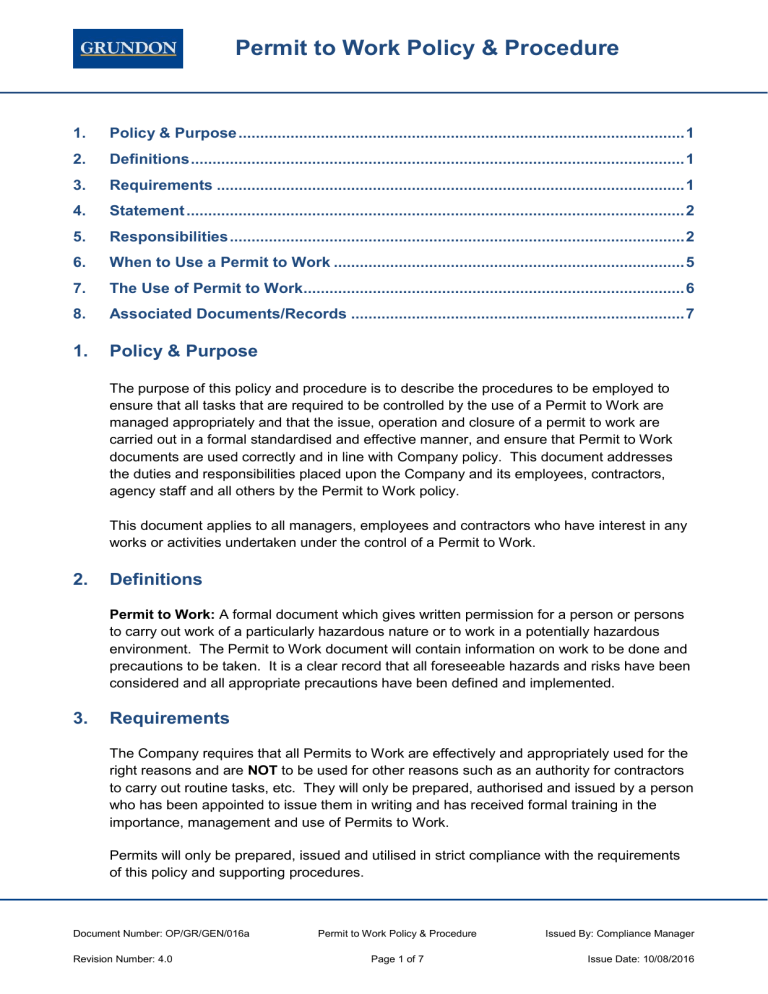 26. Permit to Work Policy Procedure