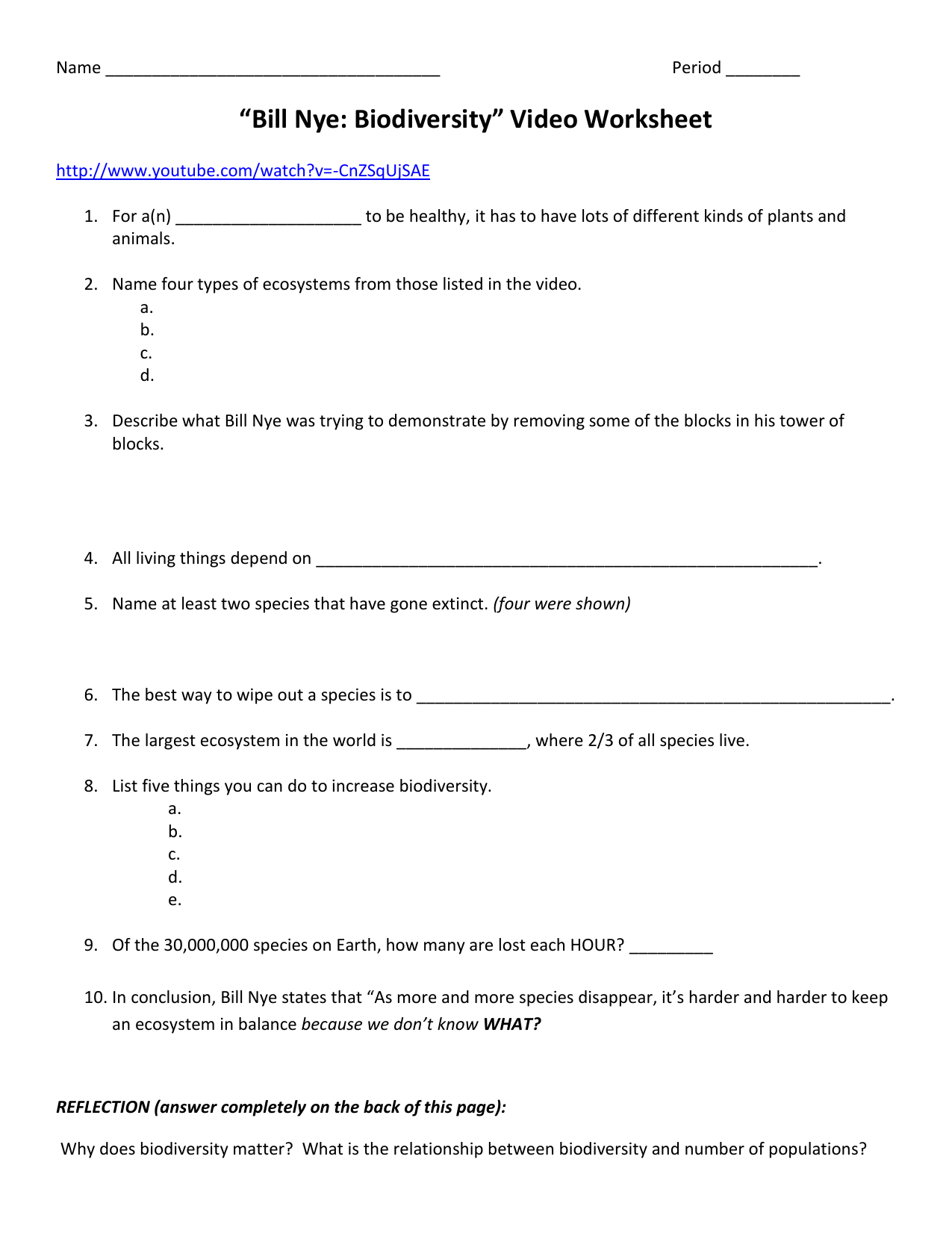 bill nye biodiversity (20) Throughout Bill Nye Biodiversity Worksheet Answers