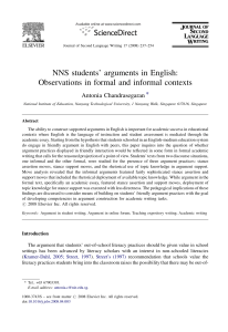 [Journal of Second Language Writing vol. 17 iss. 4] Antonia Chandrasegaran - NNS students’ arguments in English  Observations in formal and informal contexts (2008) [10.1016 j.jslw.2008.04.003] - libgen.li