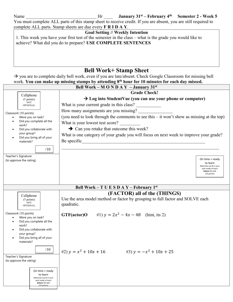 Algebra Semester 2 Week 5