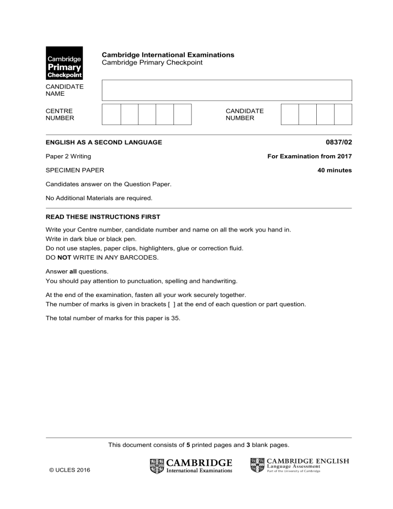 ESL Writing Exam Cambridge Primary Checkpoint