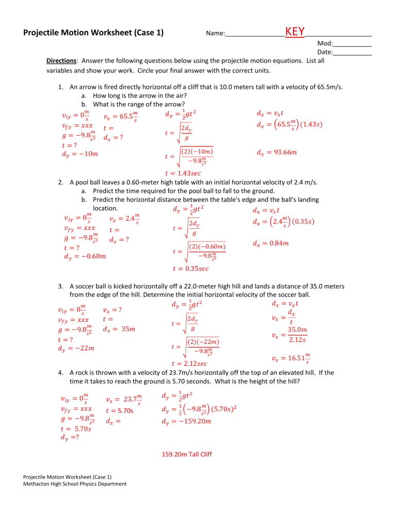 Projectile Motion Worksheet Case 1 Answer Key 1 