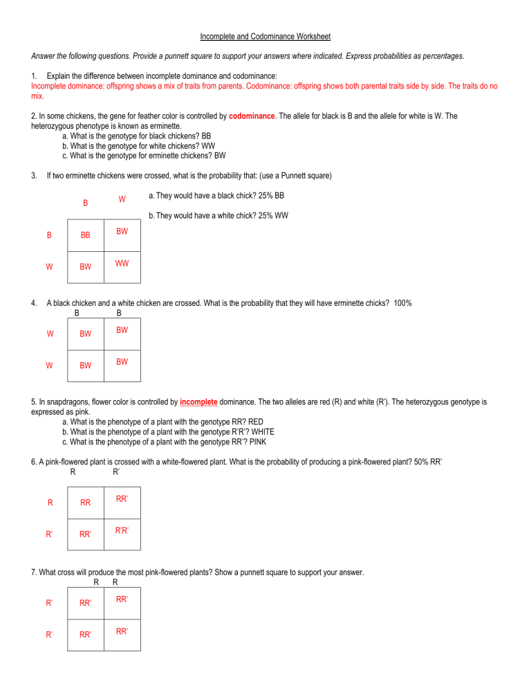 Incomplete And Codominance Practice Worksheet Answer Key