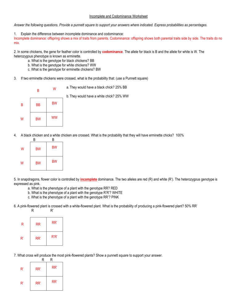 Incomplete and Codominance Worksheet KEY u77tm0