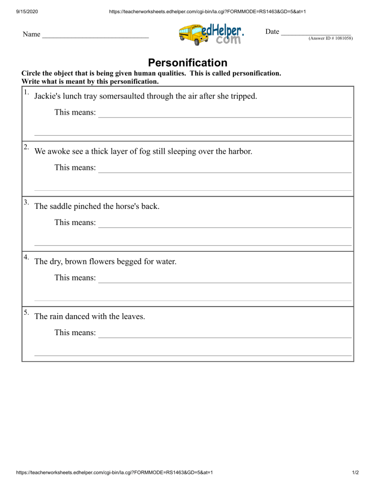 Personification Worksheet