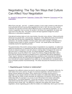 Negotiating- The top ten ways that culture can affect your negotation By- Jeswalk W. Salacuse