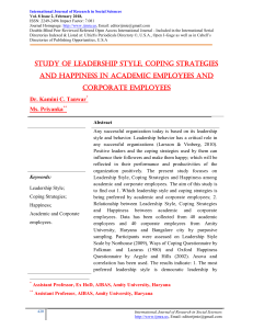 Study of Leadership style Coping Strategies and Happiness in Academic Employees and Corporate Employees 