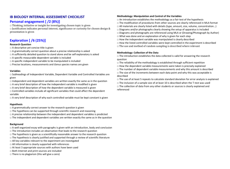 IB Biology IA Checklist 1 