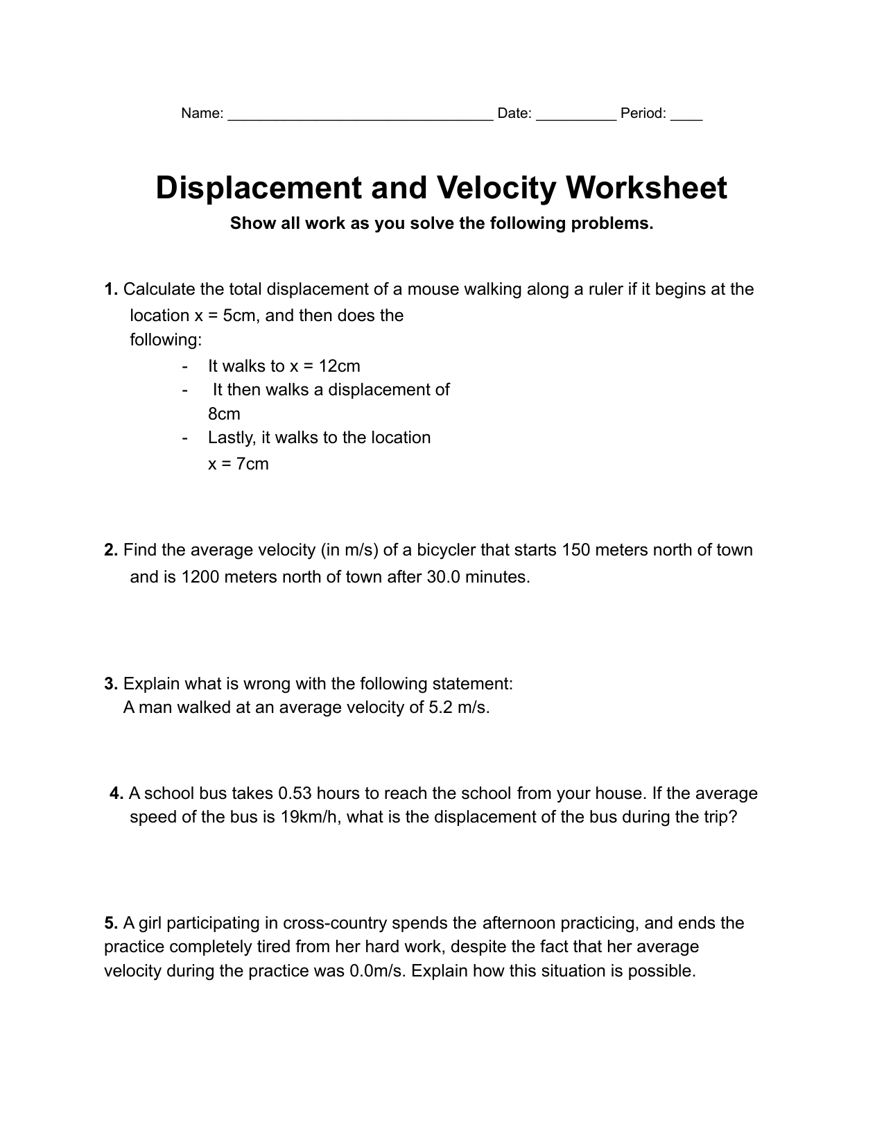 Displacement and Velocity - Worksheet Within Displacement And Velocity Worksheet