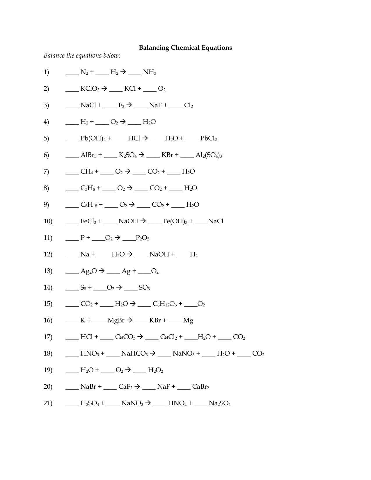 Balancing Chemical Equations Worksheet For Grade 7 Worksheets For