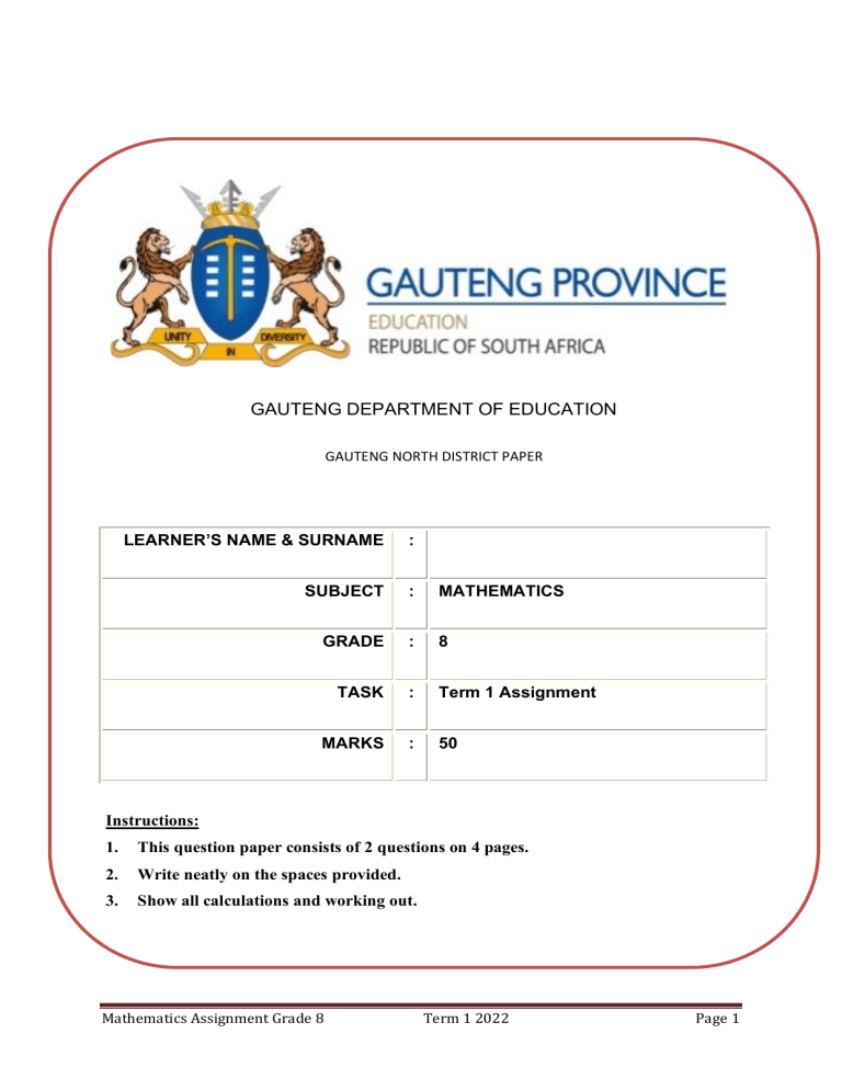 Term 1 Grade 8 Mathematics Assignment 2022 002 