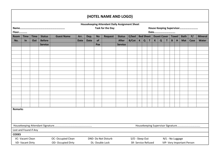 Housekeeping Attendant Daily Assignment Sheet