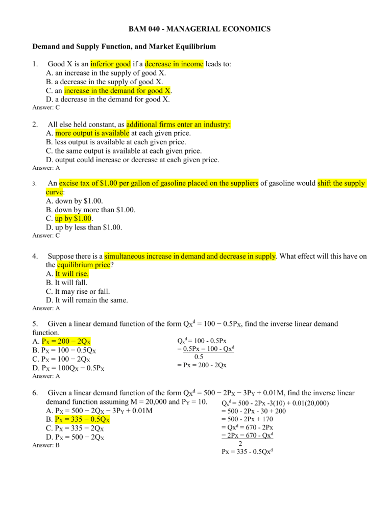 Demand And Supply Functions Q A