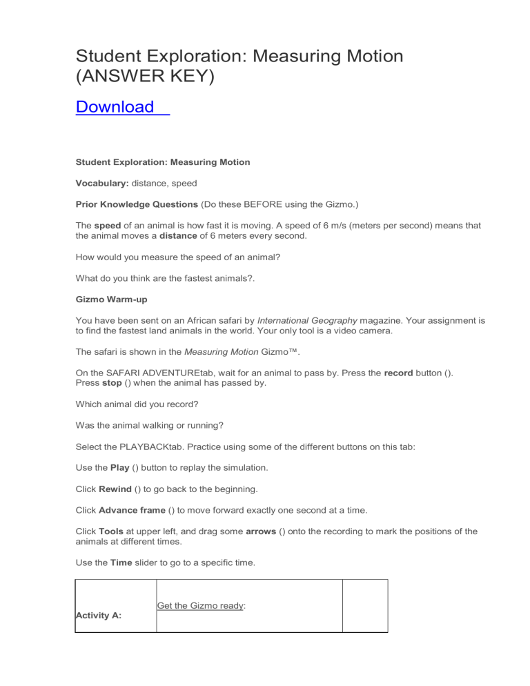 Student Exploration Measuring Motion ANSWER KEY 