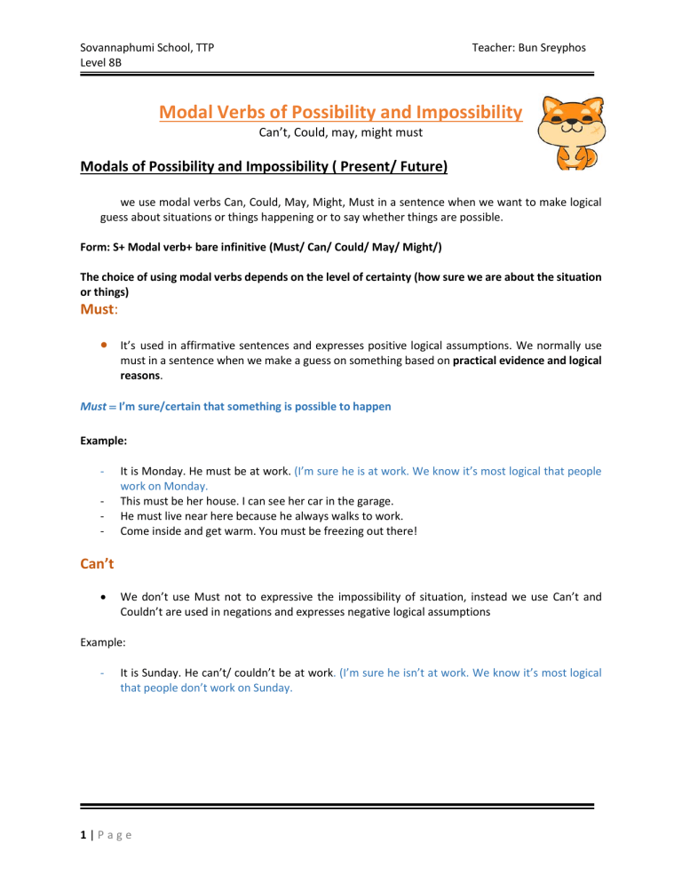 Modal Verbs Of Possibility And Impossibility