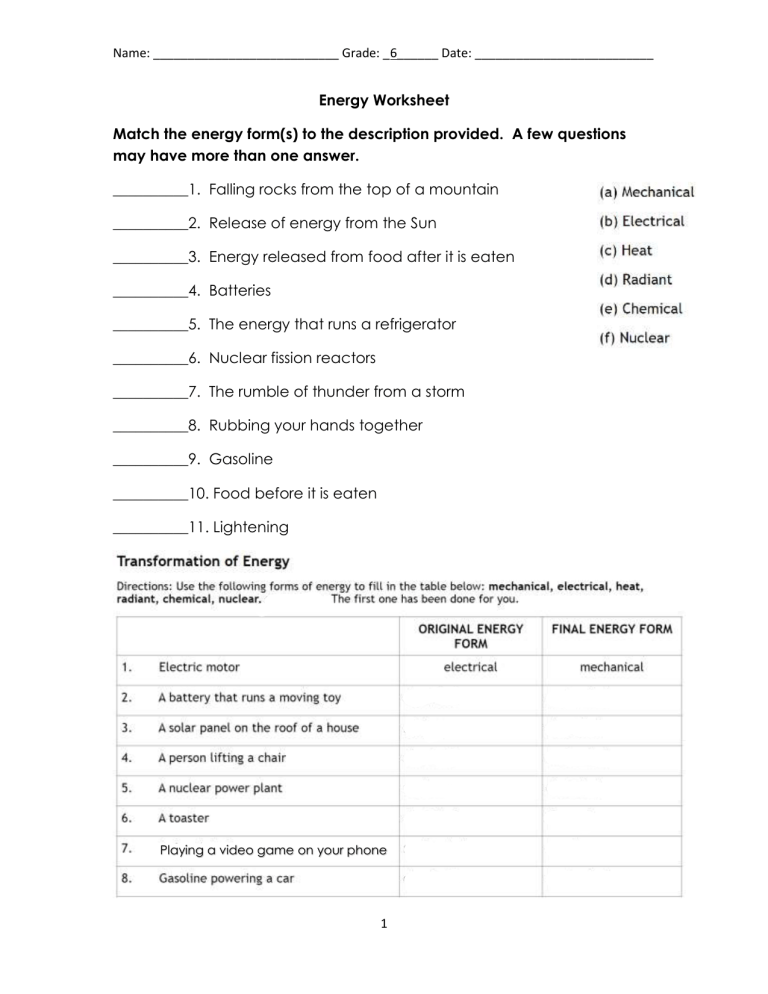Energy Worksheet