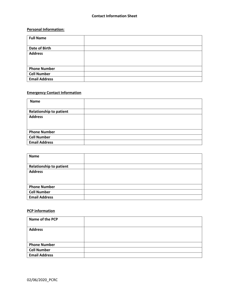 Contact information Sheet