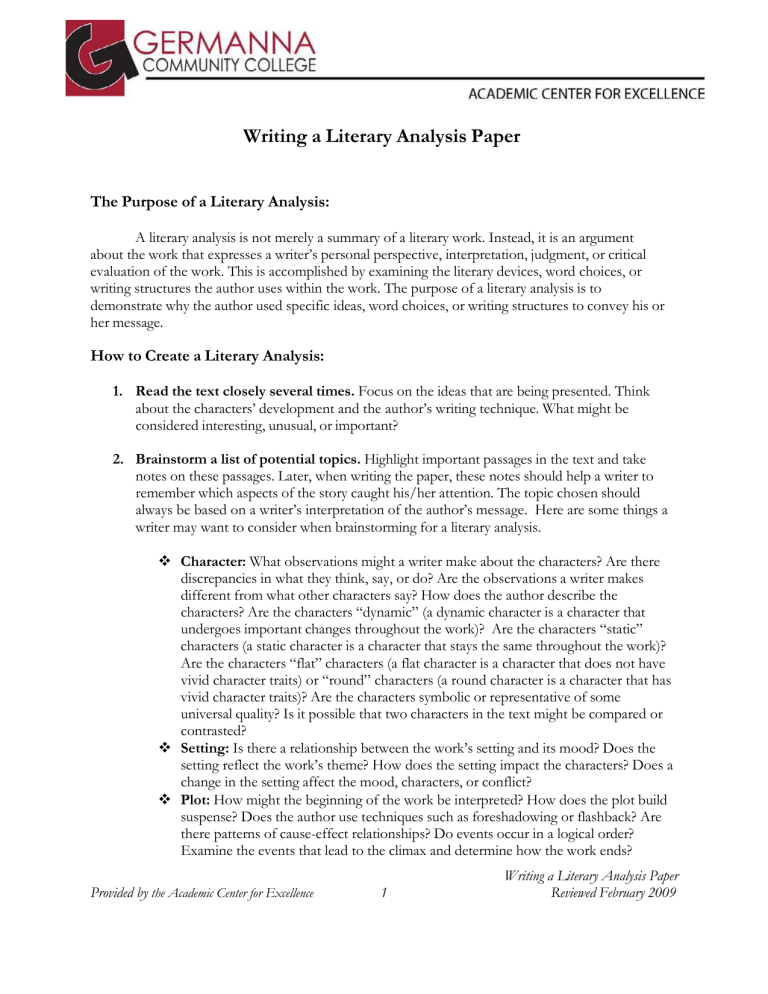 Purpose Of Literary Analysis