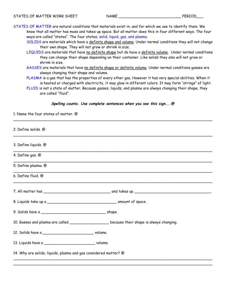 States Of Matter Worksheet 1 