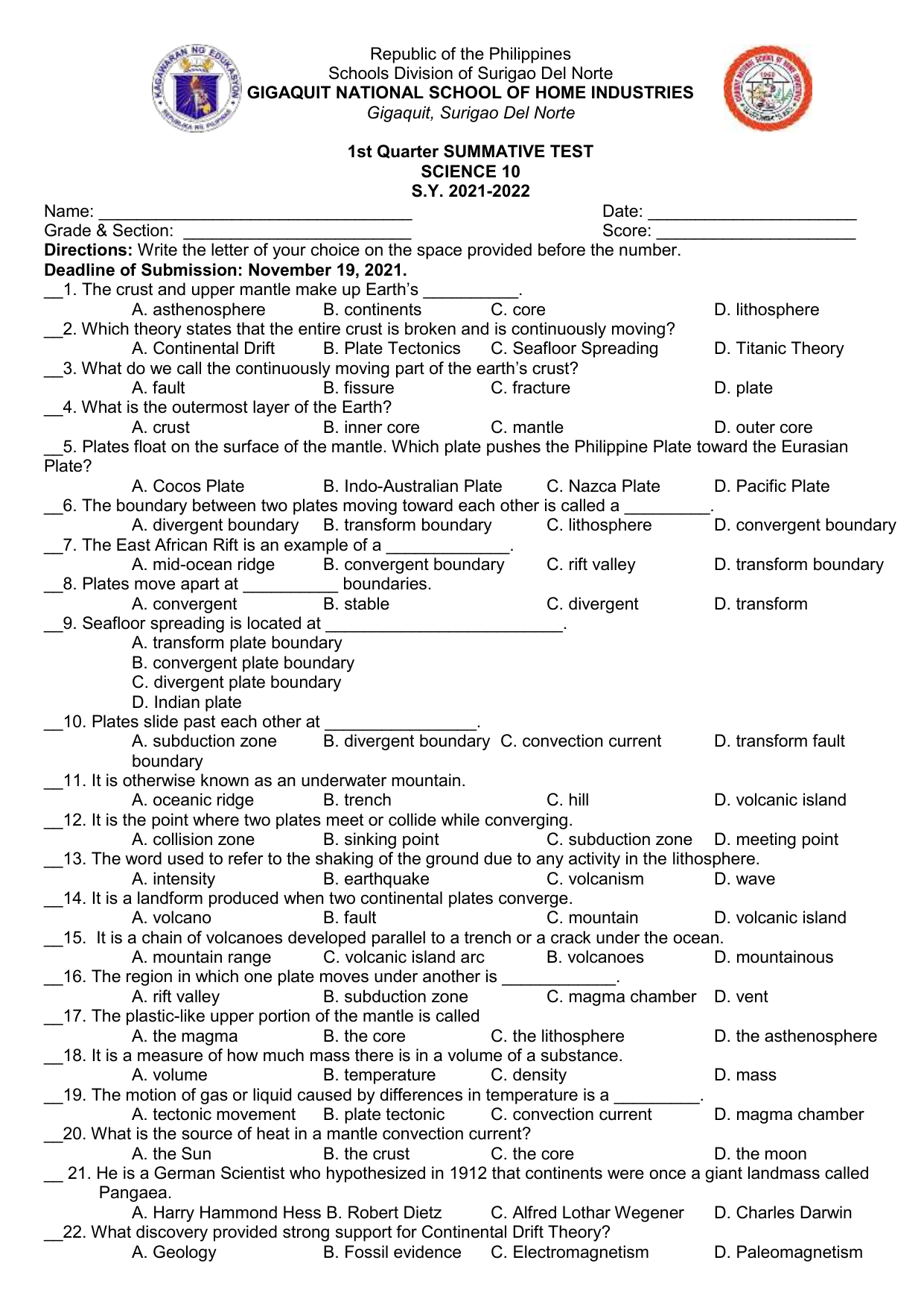 Grade-10-Science-Q1 SUMMATIVE TEST PDF Earthquakes Plate, 43% OFF