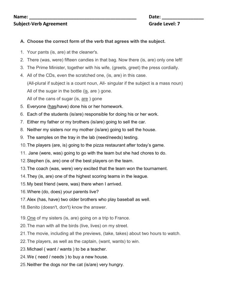 Subject Verb Agreement Worksheet