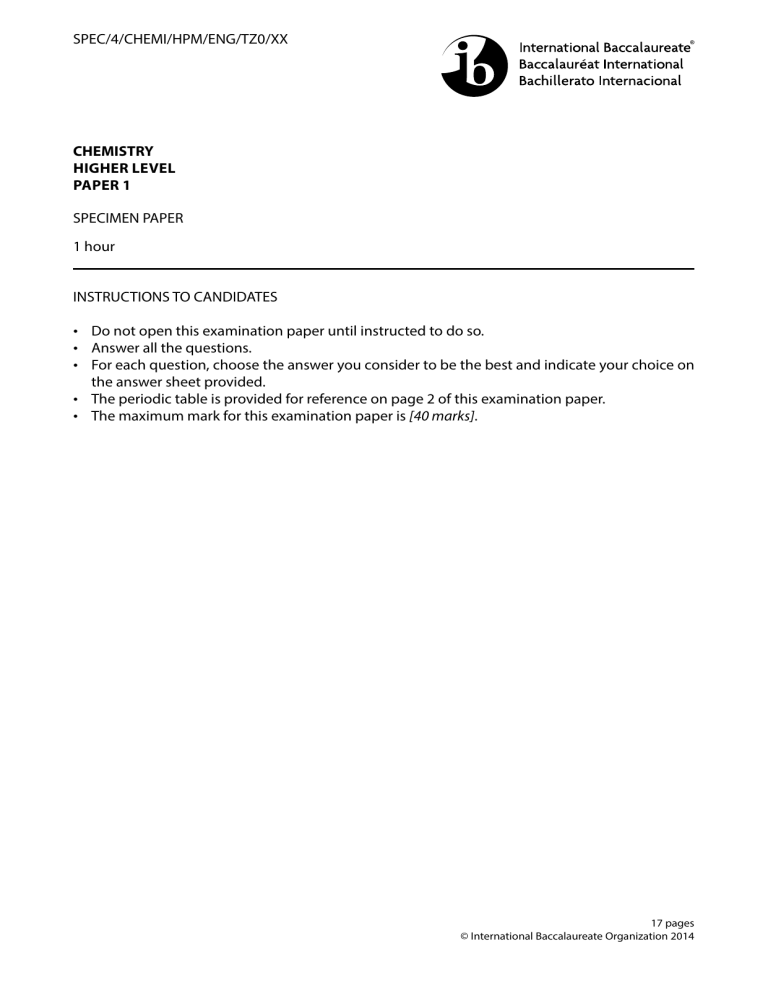 IB HL SL Chemistry Specimen Exam Paper