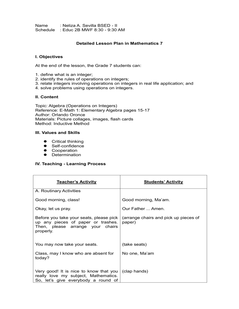 Detailed Lesson Plan In Mathematics 7 In