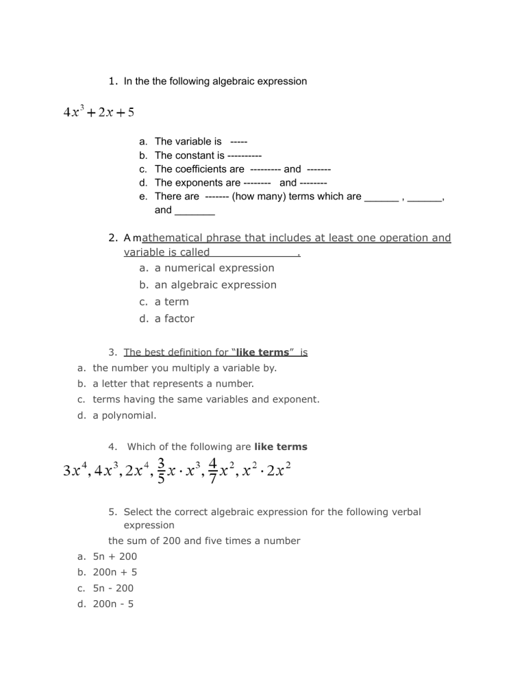 Algebraic Expressions Worksheet 9493