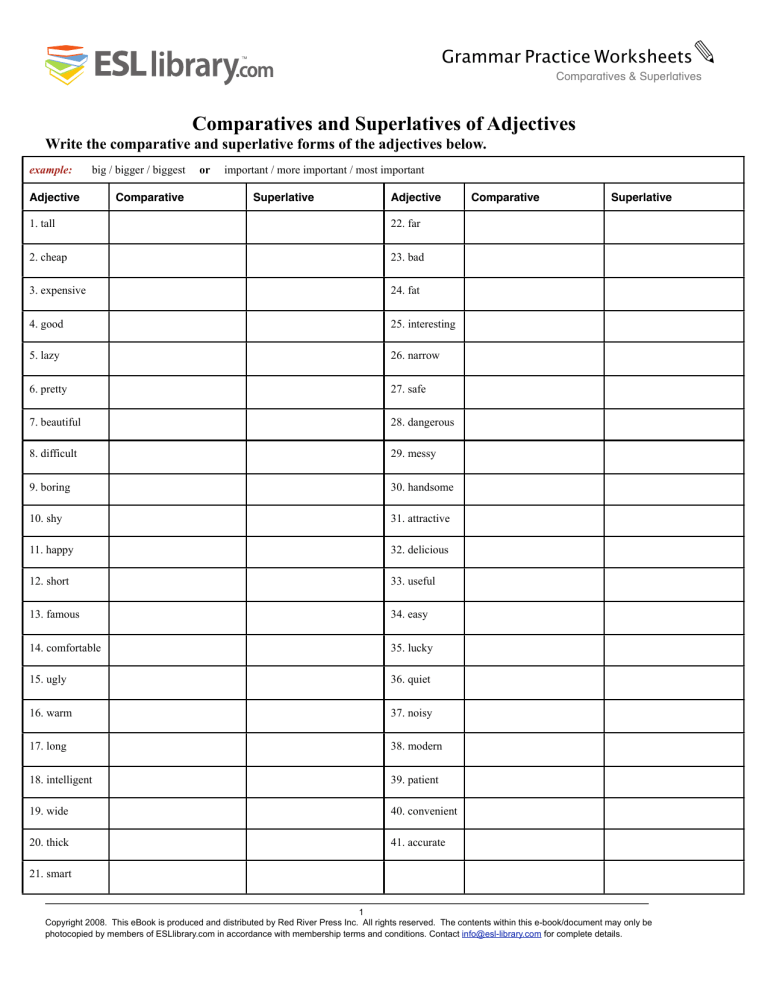 Comparatives Superlatives Worksheet With Answers