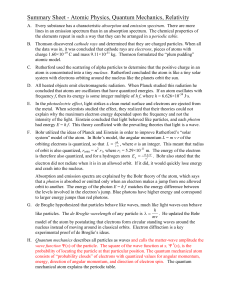 Summary Sheet - Atomic Physics, Quantum Mechanics, Relativity