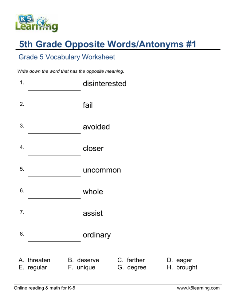 Antonyms Homework 1 