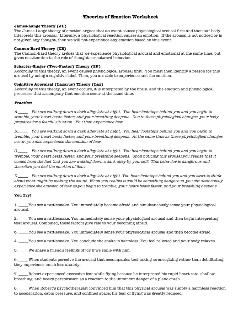 Theories Of Emotion Worksheet 1 