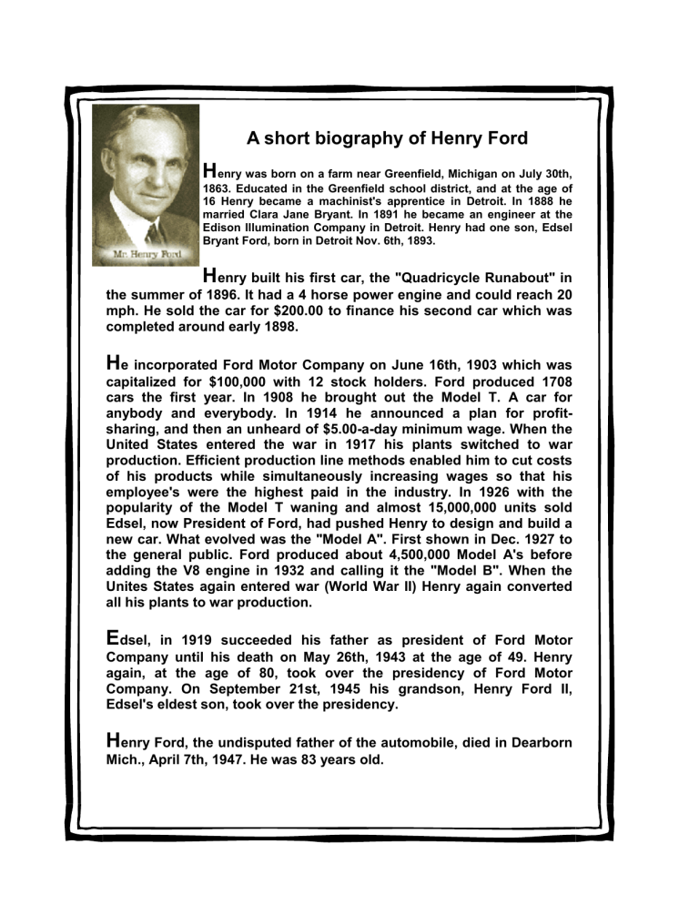 henry ford biography short