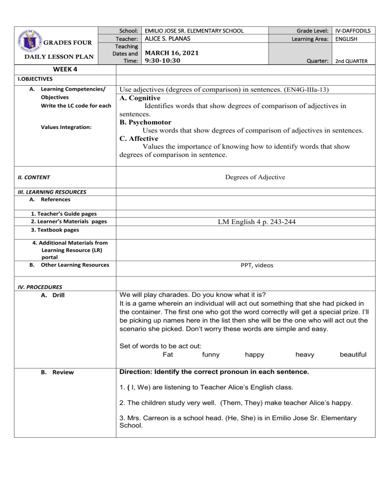 cot lesson plan for grade 4 english