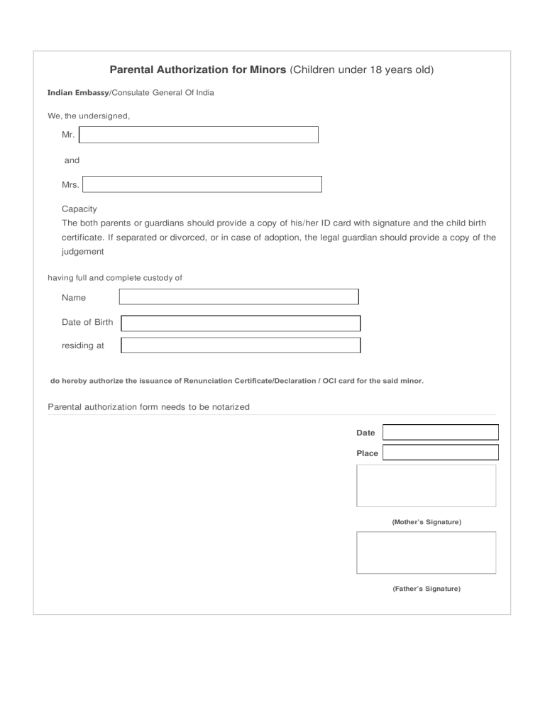 Parent Authorization Form Oci