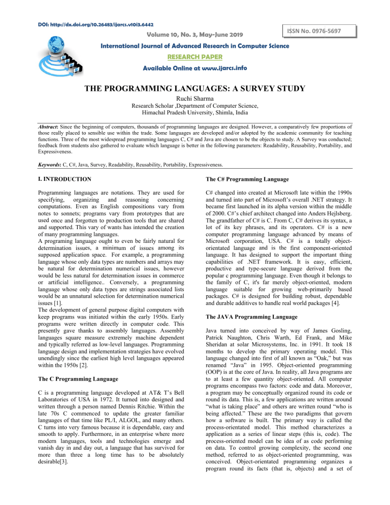 Programming Languages Survey: C, C#, Java