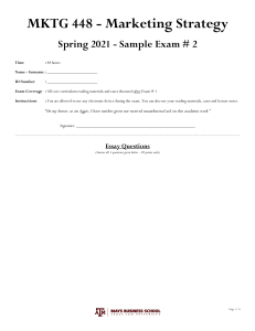 TAMU MKTG 448 Sample for Exam 2 Spring 2021