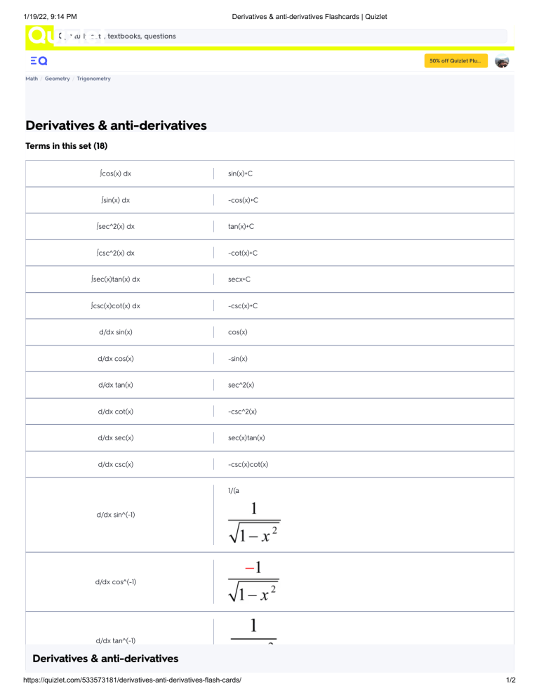 Derivatives & antiderivatives Flashcards Quizlet
