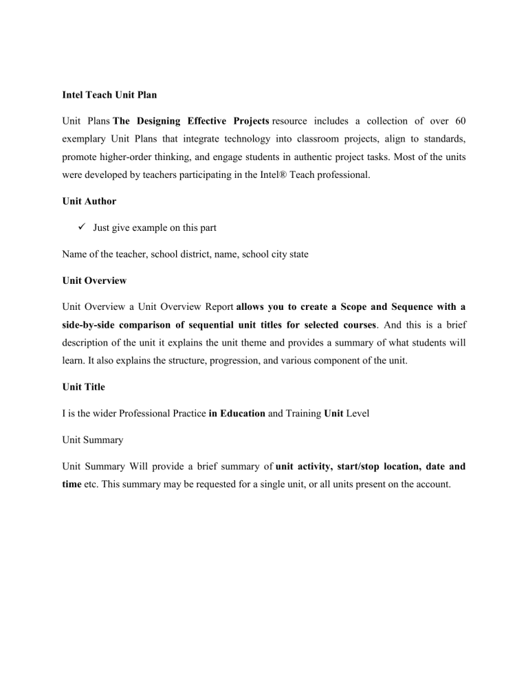 Intel Teach Unit Plan