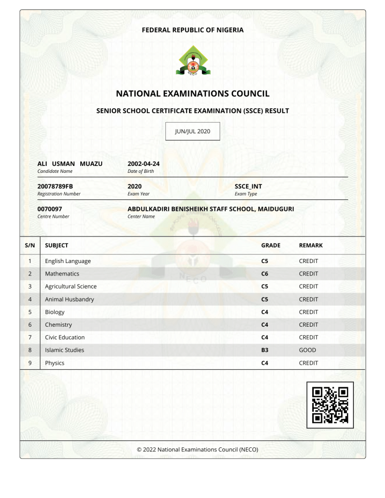 SSCE Result Ali Usman Muazu 2020