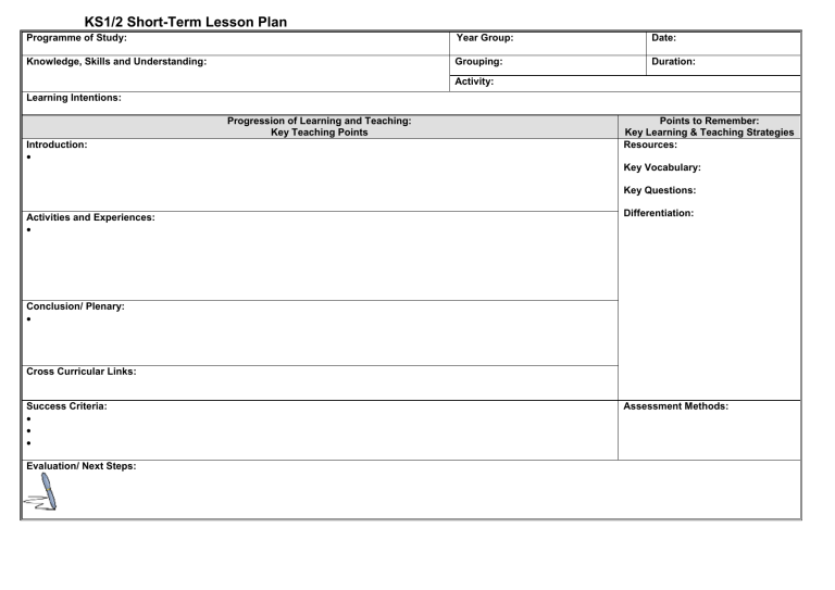 KS1 2 Short Term Lesson Plan Template KE 6