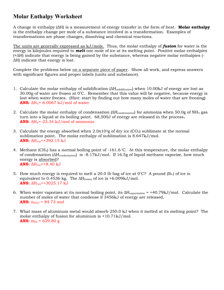 Molar Enthalpy Worksheet