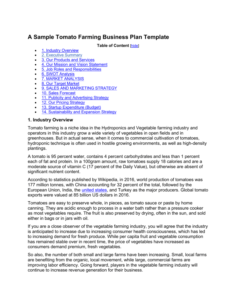 tomato farming business plan pdf
