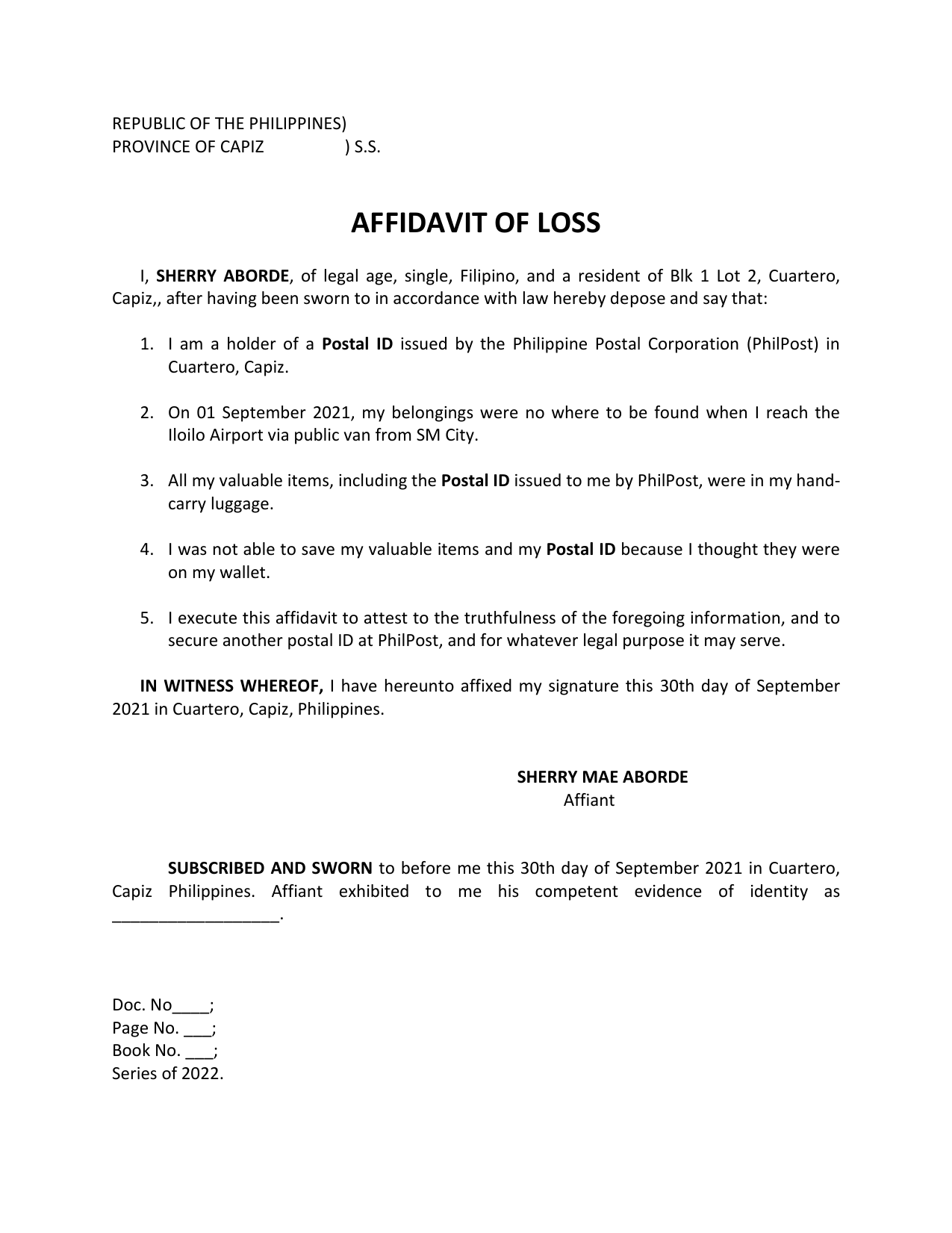 Affidavit Of Loss Sample Template Free Download 40 OFF