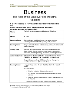 Business Studies Topic - The Role of the Employer and Industrial Relations