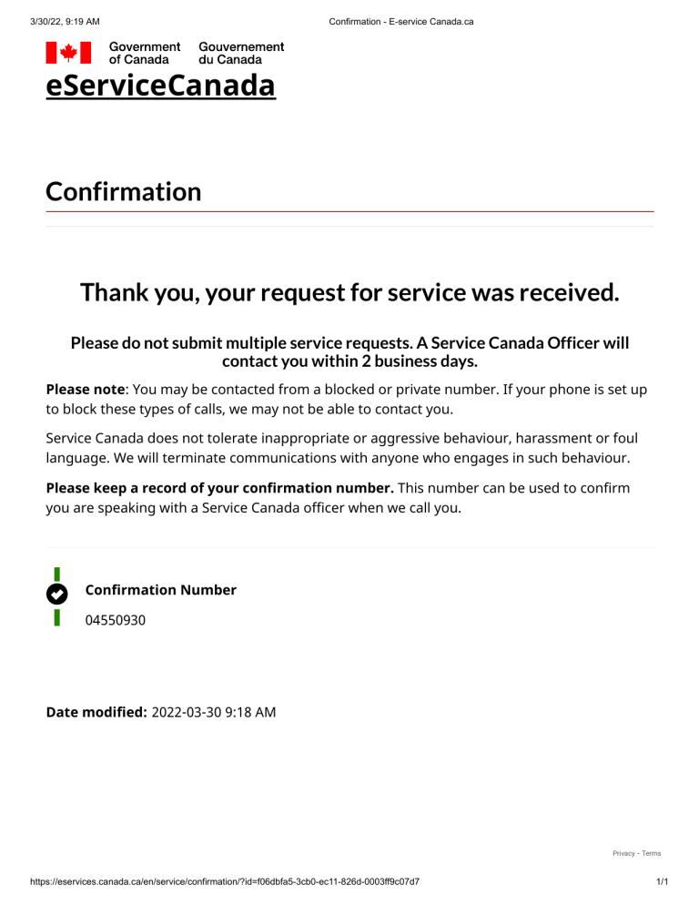 Confirmation Eservice Canada.ca