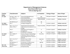 Date Sheet Mid Term (Department of Management Sciences)