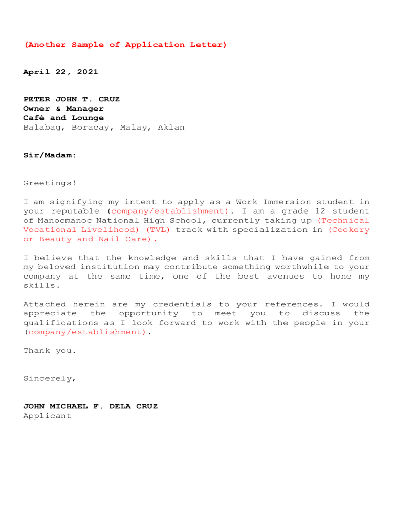 Another Sample of Application Letter