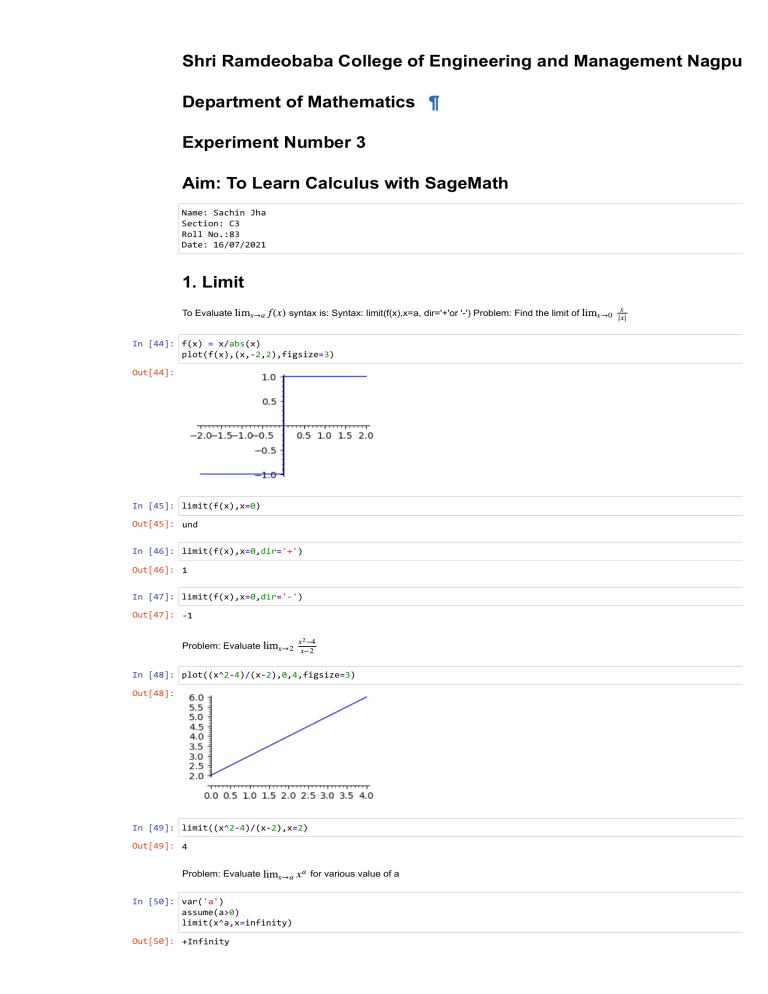 Calculus Lab with SageMath: Limits, Derivatives