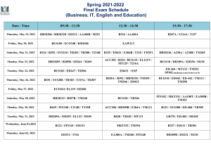 Spring 2022 - Final Exam Schedule - U - Business, IT, English and Education (2)